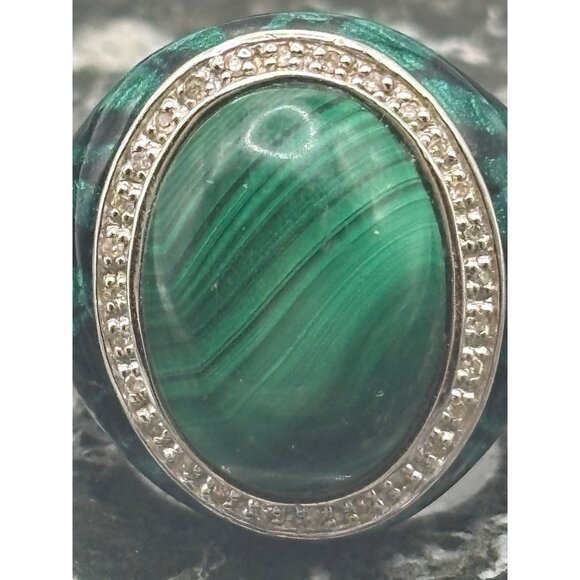 Sterling Silver 925 Malachite Centerstone Ring With Diamond Halo - Picture 3 of 9